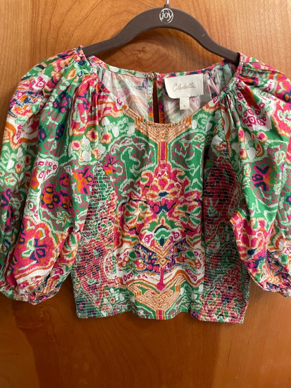 Cleobella Green Floral Puff-Sleeve Boho Blouse with Pink & Orange Accents